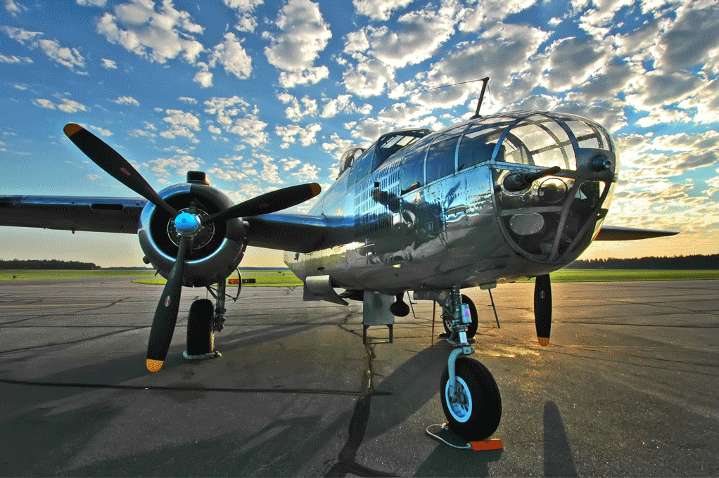 The B-25J "Miss Mitchell" served in the 310th Bomb Group, 57th Bomb Wing of the 12th Air Force in North Africa and Italy completing over 130 missions. 